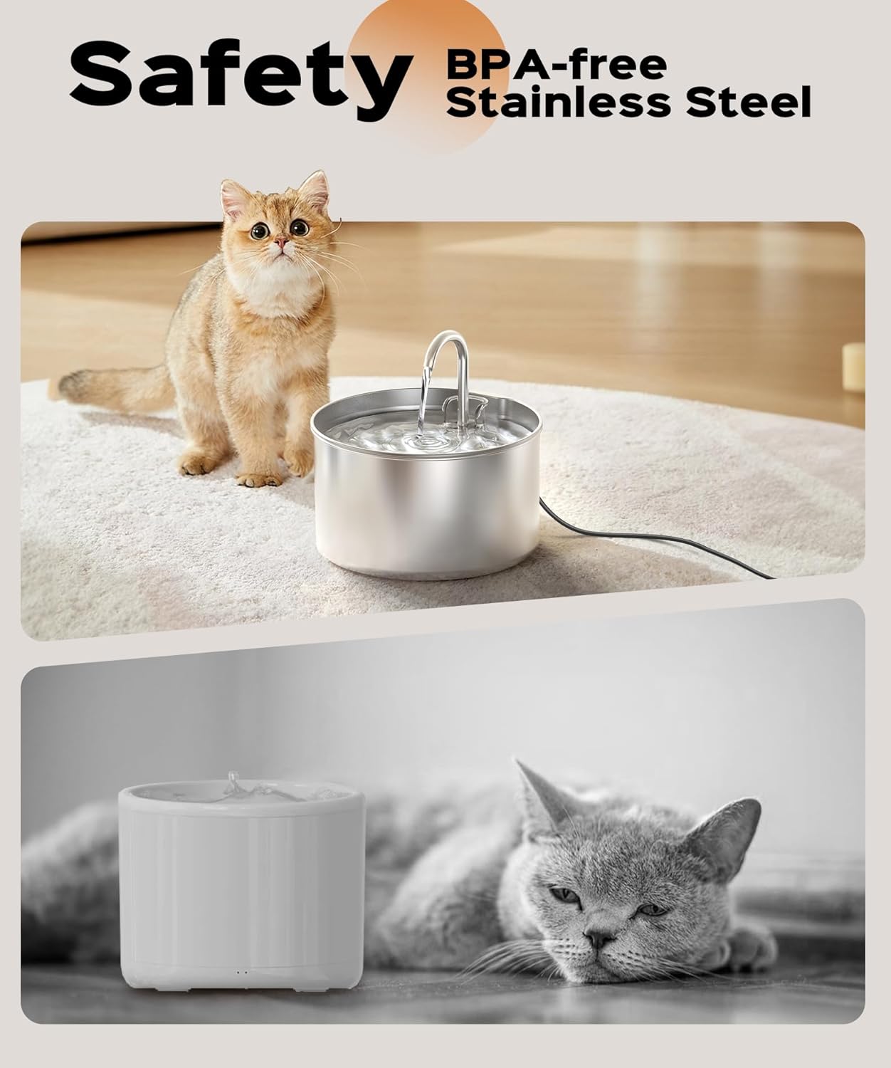Cat Water Fountain Stainless Steel + 8 filters + 8 Sponges - Pet Water Fountains Faucet Metal Automatic Cat/Dog Waterer Bowls Pets Watering Running Bottle Water Dispenser for Drinking Ultra Quiet Pump