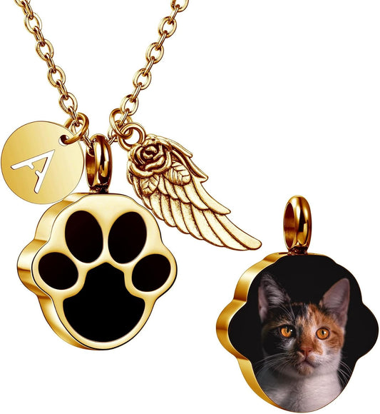 MeMeDIY Personalized Heart Paw Print Ashes Urn Pendant Necklace Custom Name/Photo/Date for Women Men Pet Lover Stainless Steel Memorial Dog Cat Pet Keepsake with Funnel Fill Kit Angel Wing