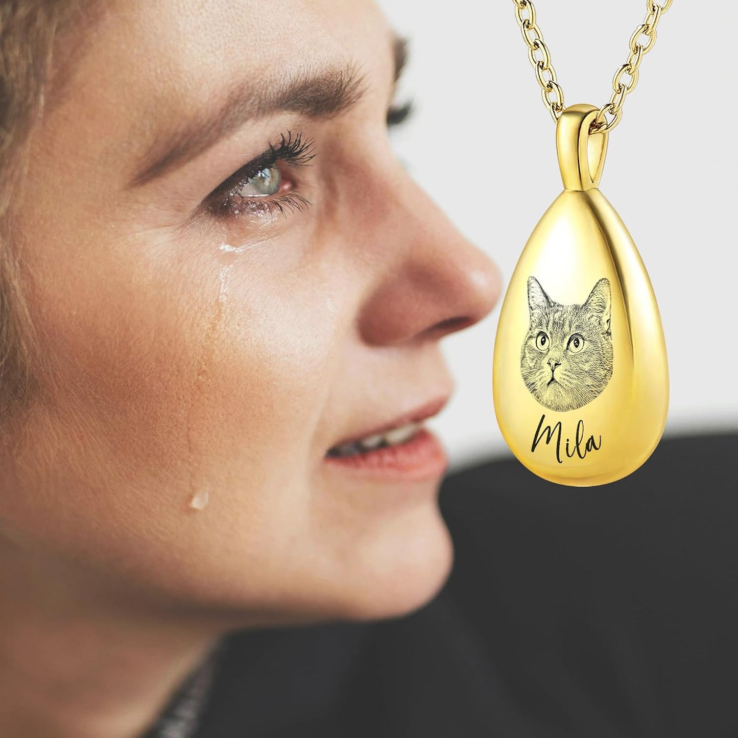 MMXX Personalized Pet Portrait Teardrop Urn Necklace with Name/Photo Stainless Steel Pendant - Cremation Jewelry for Pet Memorial Gifts - Funnel Kit Included