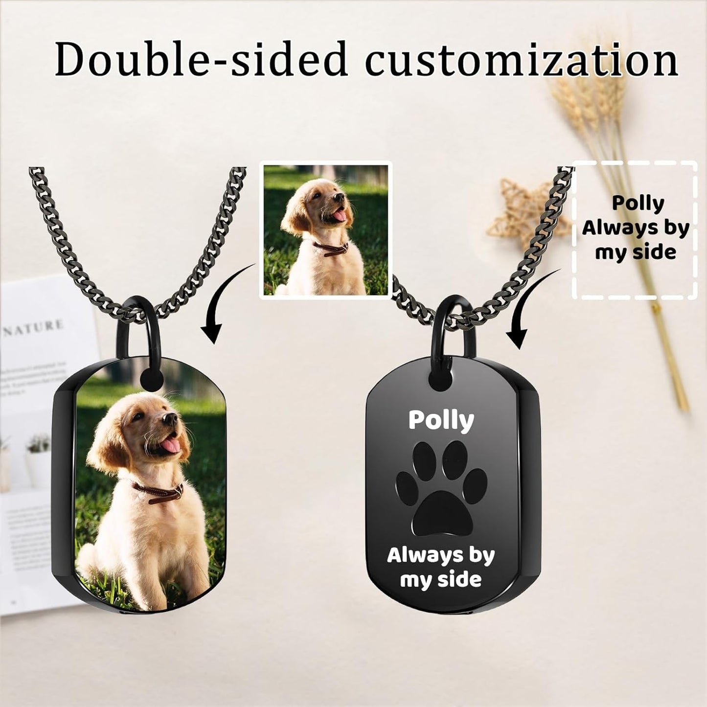 Personalized Pet Urn Necklace for Dog Ashes Custom Engraving Photo Text Pet Cremation Jewelry Customize Memorial Gift for Pet Dog Cat Ashes Necklace (02-Color)