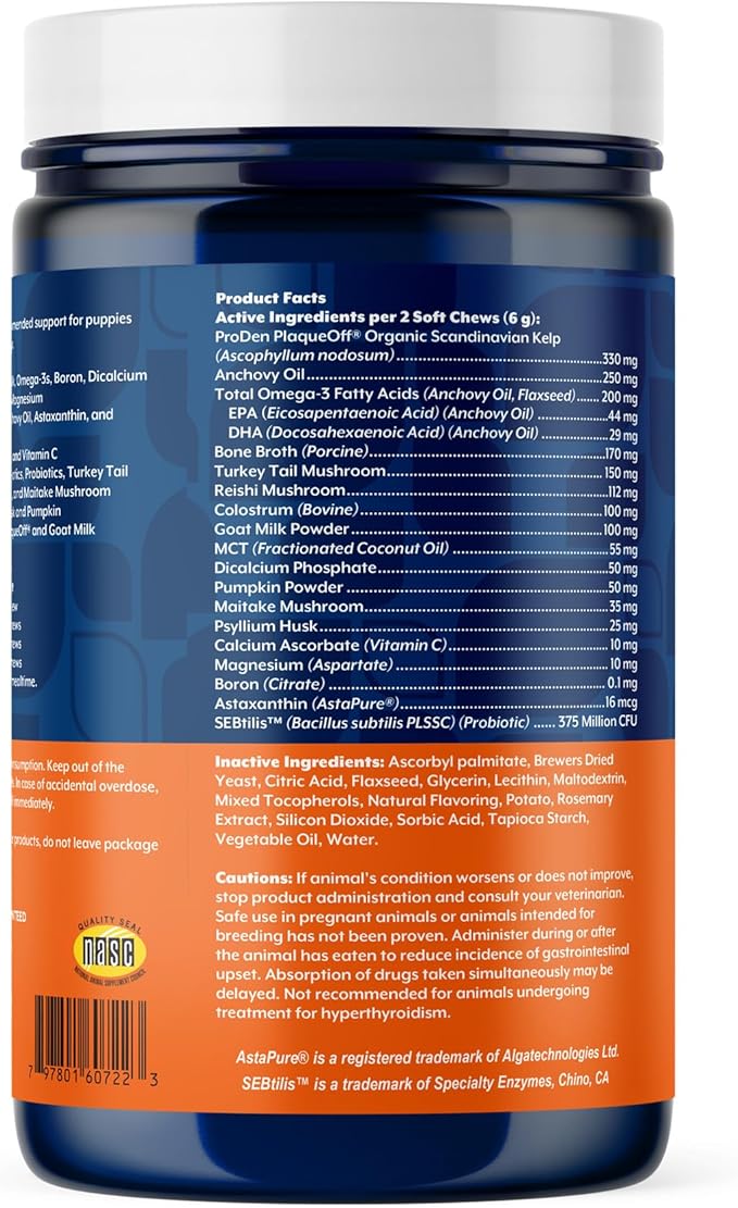 NaturVet All-In-One Puppy Daily Care, 6-In-1 Support Dog Soft Chews to Help Bones, Joints, Digestion, Teeth, Cognition, and More, Hickory Smoked Bacon Flavored Pet Supplement for Puppies, 60 Count Jar