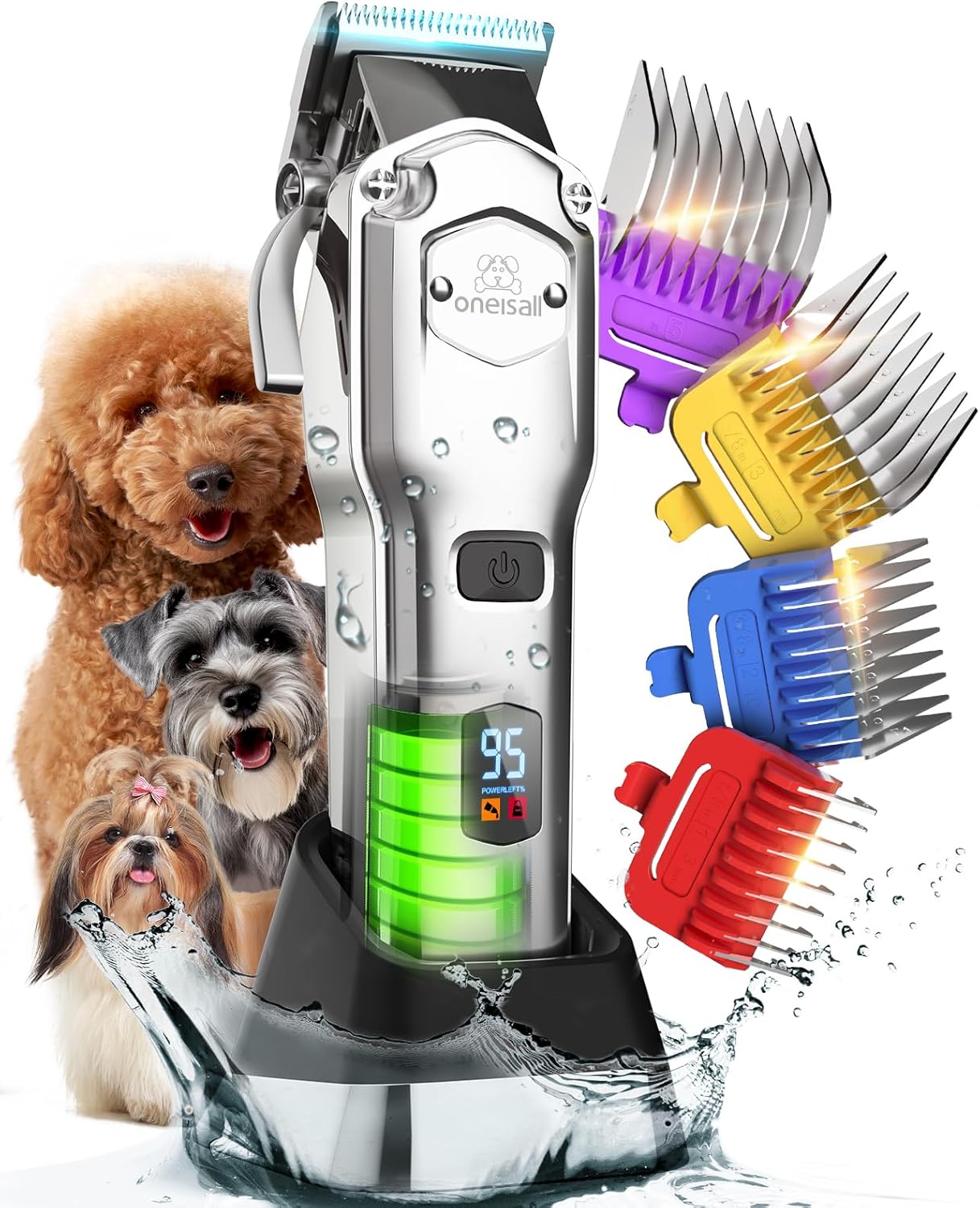 oneisall Dog Clippers for Grooming Thick Hair Professional,Cordless/Rechargeable Pet Grooming Kit with Detachable Metal Combs, Low Noise Heavy-Duty Pet Clippers for Thick/Curly/Fine/Wavy Hair (Sliver)