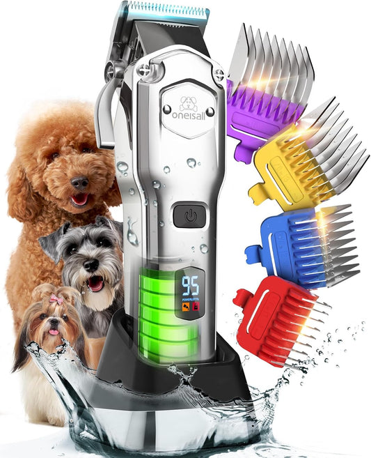 oneisall Dog Clippers for Grooming Thick Hair Professional,Cordless/Rechargeable Pet Grooming Kit with Detachable Metal Combs, Low Noise Heavy-Duty Pet Clippers for Thick/Curly/Fine/Wavy Hair (Sliver)