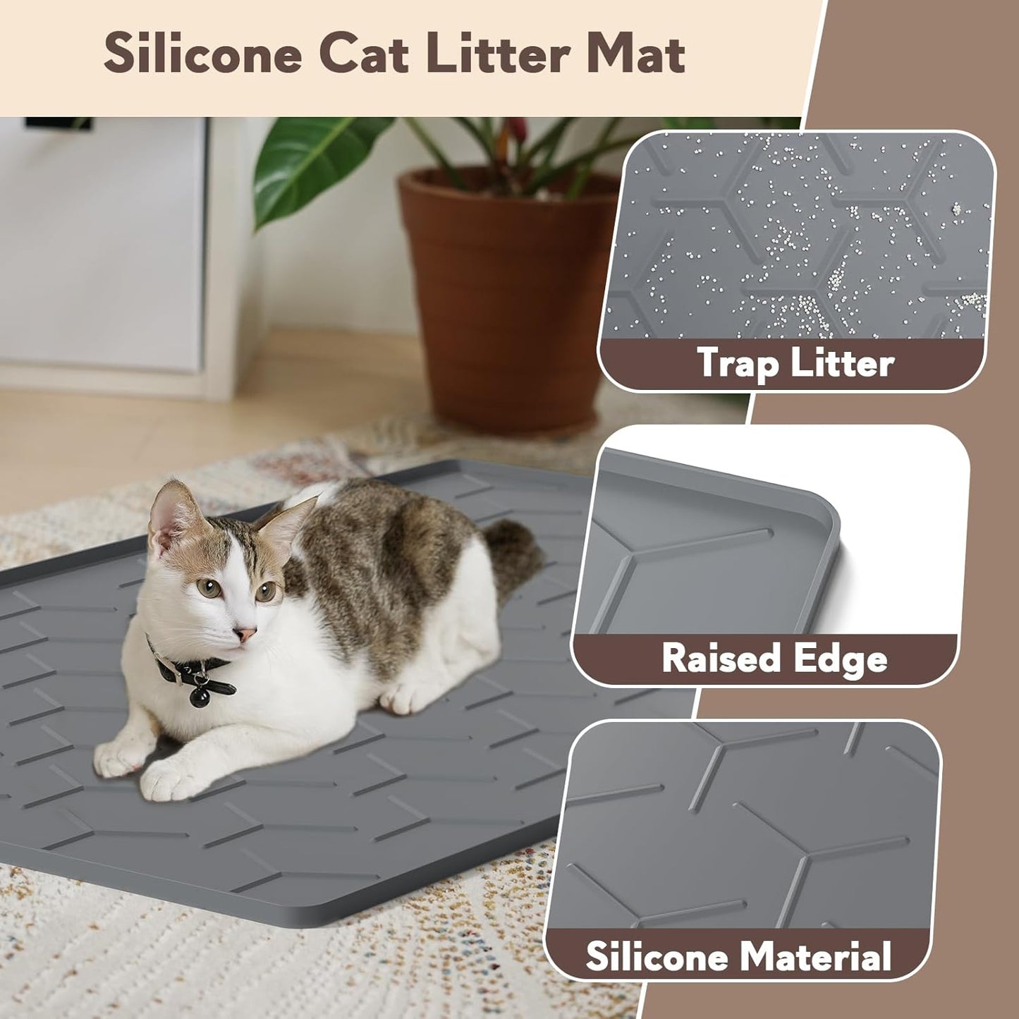Cat Litter Box Mat, Large 34" X 22" Cat Litter Mat, Waterproof Silicone Pad for Floor, Dark Gray