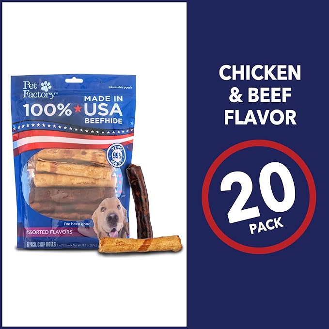 Pet Factory 100% Made in USA Beefhide 5" Chip Rolls Dog Chew Treats - Beef & Chicken Flavor, 20 Count/1 Pack