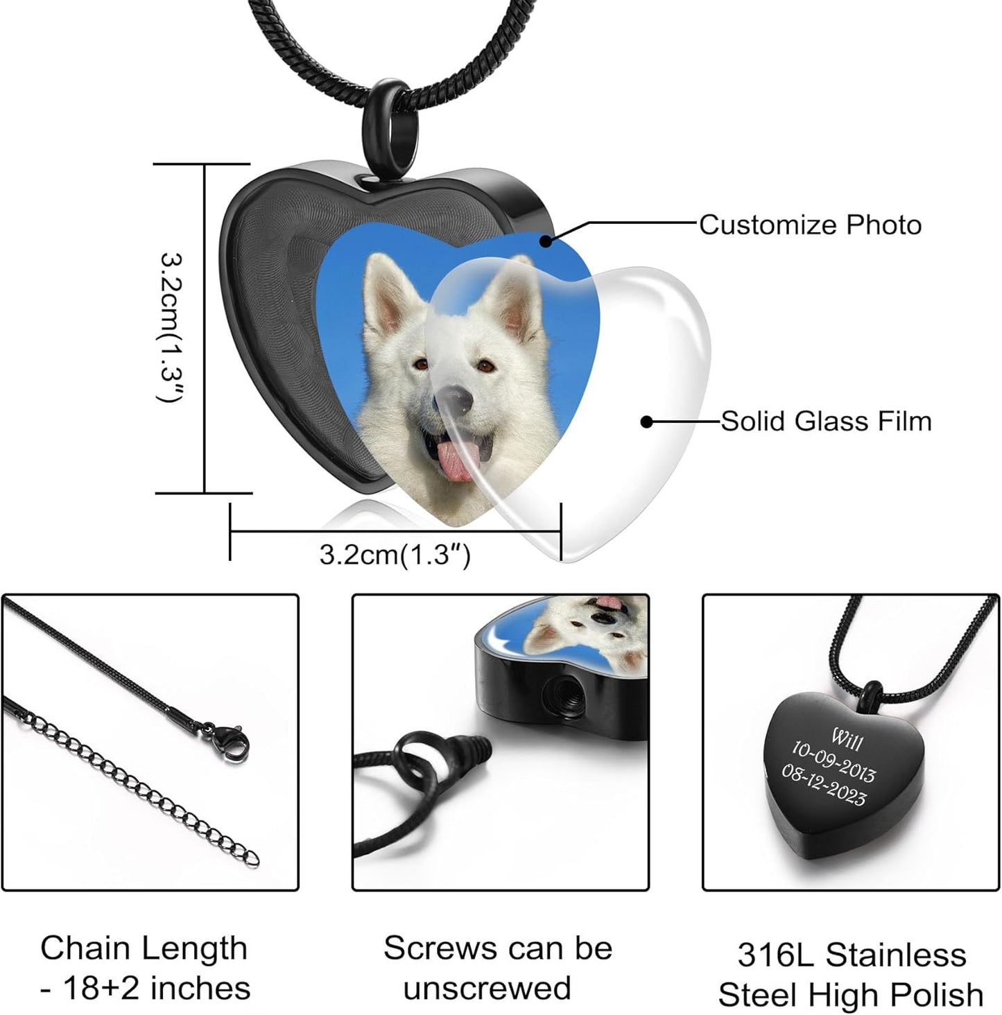 MeMeDIY Personalized Heart Paw Print Ashes Urn Pendant Necklace Custom Name/Photo/Date for Women Men Pet Lover Stainless Steel Memorial Dog Cat Pet Keepsake with Funnel Fill Kit Angel Wing
