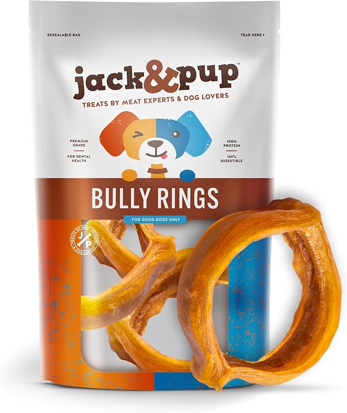 Jack&Pup Bully Rings for Dogs (8 Pack), 4" Bully Bones, Single Ingredient Dog Ring, Rawhide Free Dog Chews