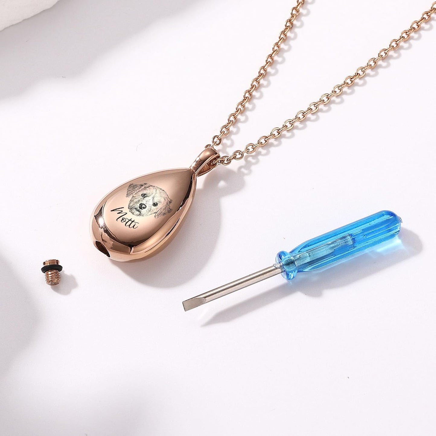 MMXX Personalized Pet Portrait Teardrop Urn Necklace with Name/Photo Stainless Steel Pendant - Cremation Jewelry for Pet Memorial Gifts - Funnel Kit Included