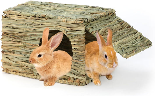 BWOGUE Bunny Grass House Natural Seagrass Bed Hideaway Toy Rabbit Hideout Hay Mat Chew Toys Guinea Pig Comfortable Hut for Bunny Hamster Chinchilla Small Animals