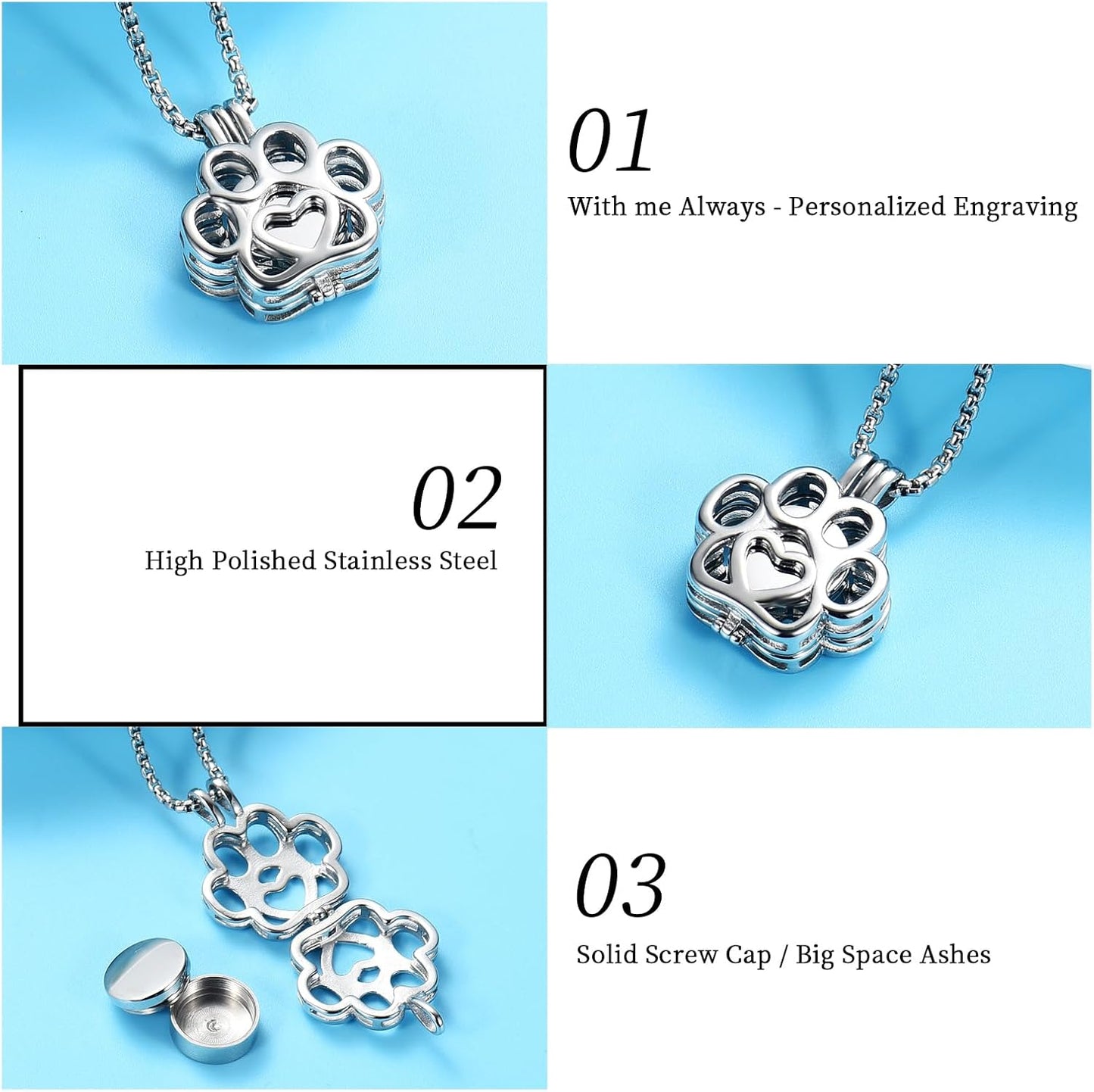 Oinsi Pet Cremation Jewelry For Ashes For Dog/Cat Paw Stainless Steel Memorial Locket Urn Necklace Inside Mini Case Keepsake Cremation Jewelry Women Men