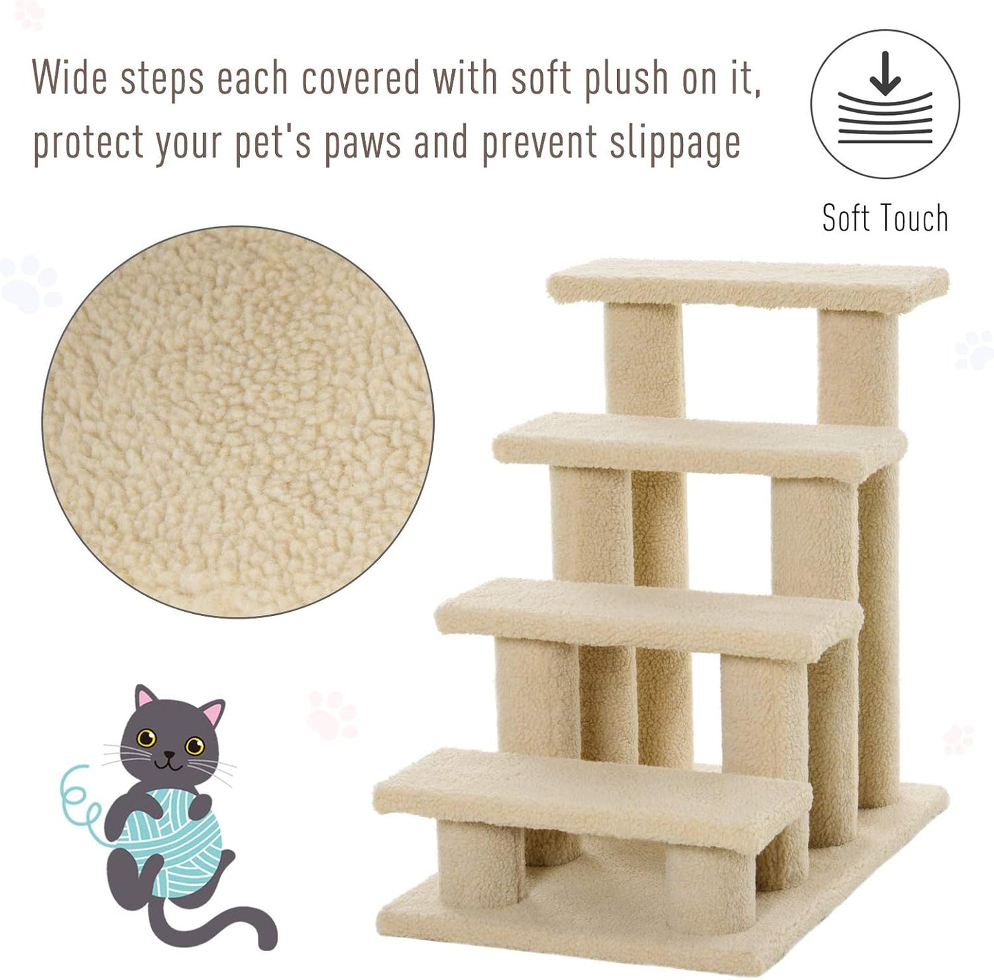 PawHut 25" 4-Step Multi-Level Carpeted Cat Scratching Post Pet Stairs - Light Brown
