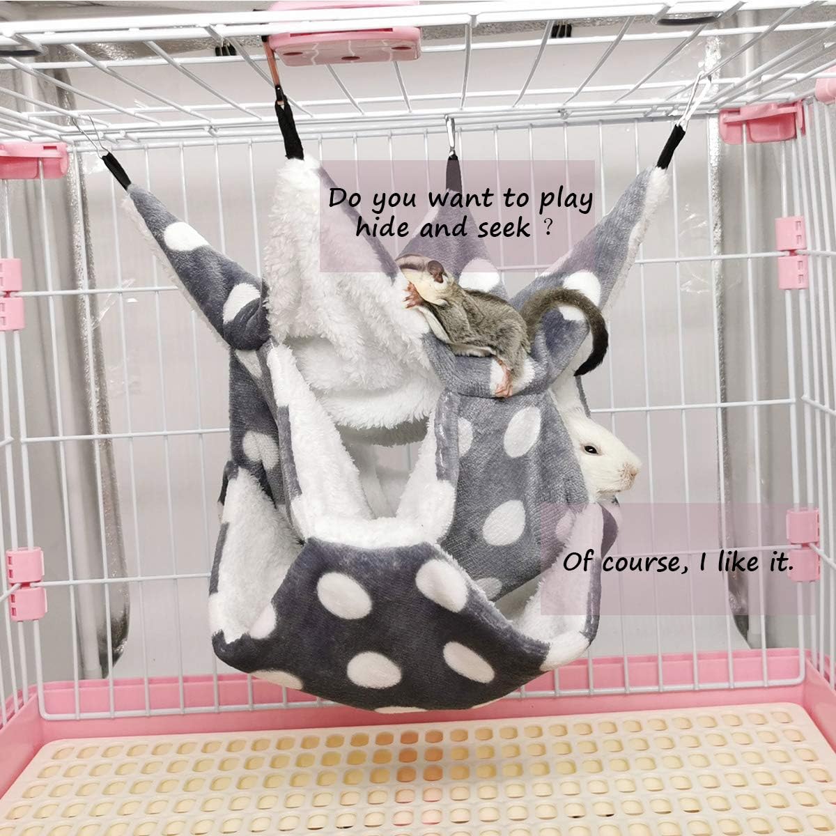 LEFTSTARER Triple-Layer Sugar Glider Hammock Small Pet Animal Cage Accessories Bed for Rat Guinea Pig Ferret Hamster Chinchilla Playing Sleeping (1pcs Grey &1pcs Strawberry)
