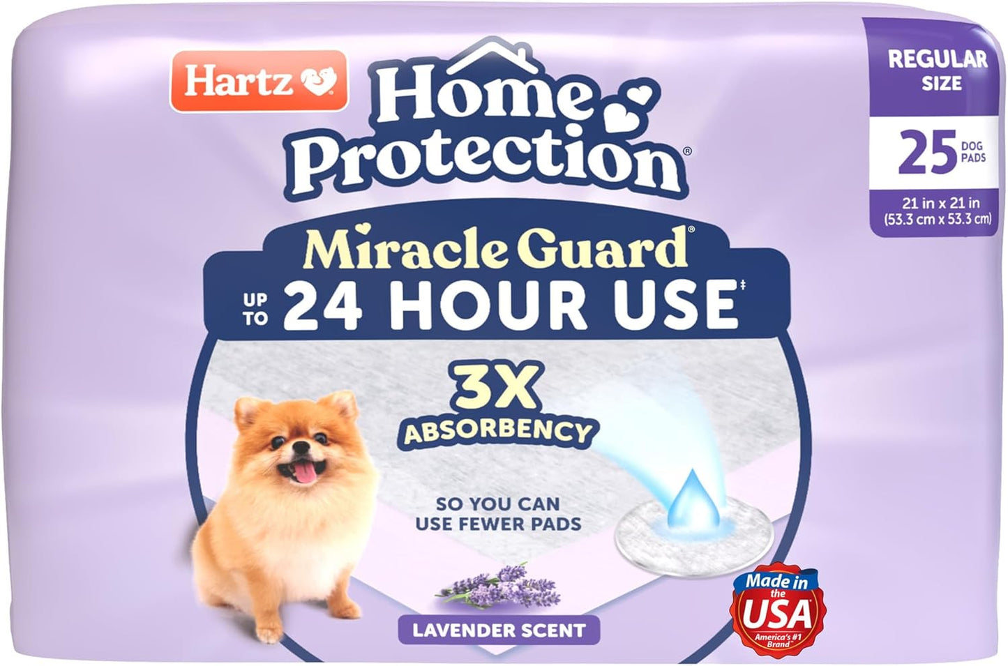 New! Hartz Home Protection Miracle Guard Lavender Scented Dog Pads, Regular Size 25 Count, 24 Hour Use, Won't Leak and Odor Eliminating