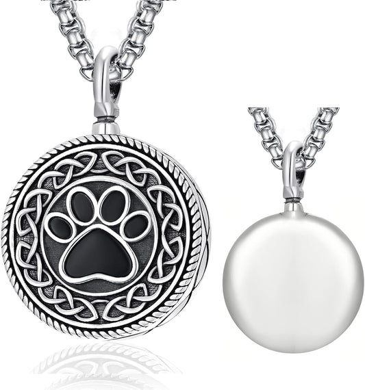 Pet Cremation Urn Necklace for Dog Cat Ashes 925 Sterling Silver Paw Print Keepsake Pendant Celtic Knot Memorial Jewelry for Women Men