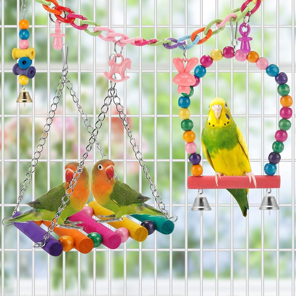 Swing Hanging Standing Chewing Toy Hammock Climbing Ladder, Cage Colorful Toys Suitable for Budgerigar, Parakeet, Conure, Cockatiel, Mynah, Love Birds, Finches