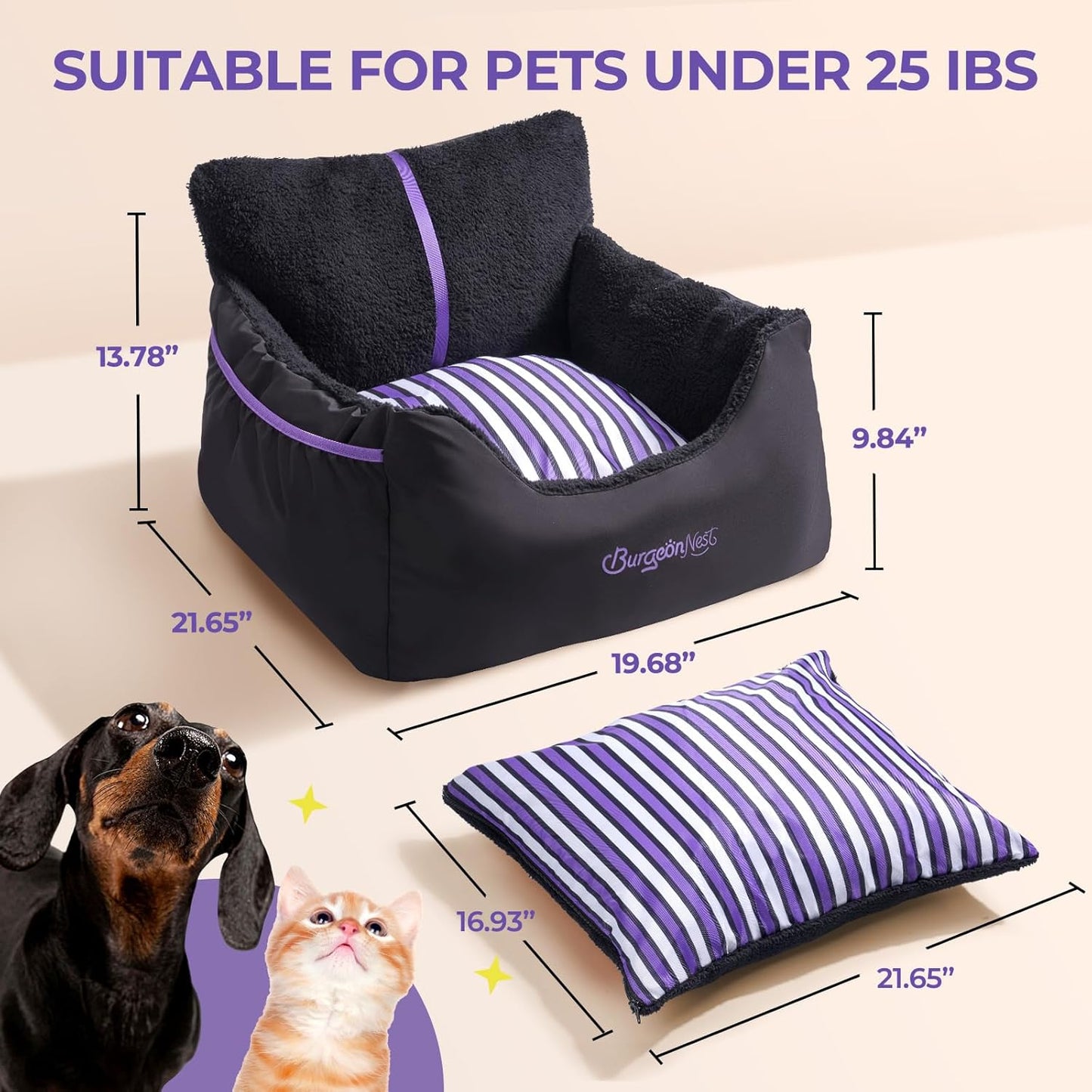 BurgeonNest Dog Car Seat for Small Dogs, Detachable and Washable Cat Carseats Under 25 lbs, Soft Pet Booster Seats with Storage Pockets and Clip-On Leash Portable Car Travel Carrier Bed, Black Purple