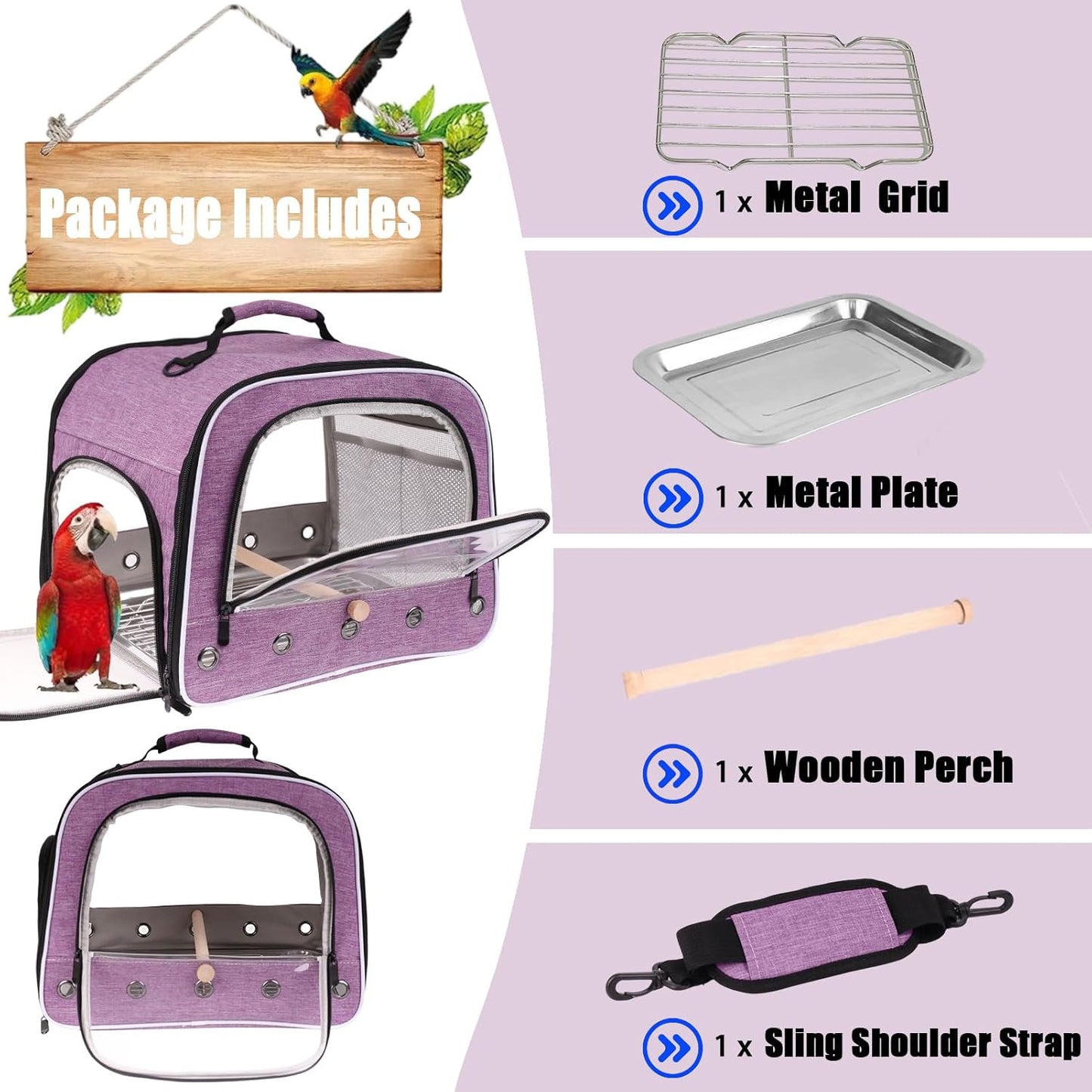 Bird Travel Carrier Cage for Large Size Parrot, Portable Bag with Metal Tray and Grid to Carry and Transport Medium and Large Birds Like African Grey, Long Tail Cockatiel and Parrot
