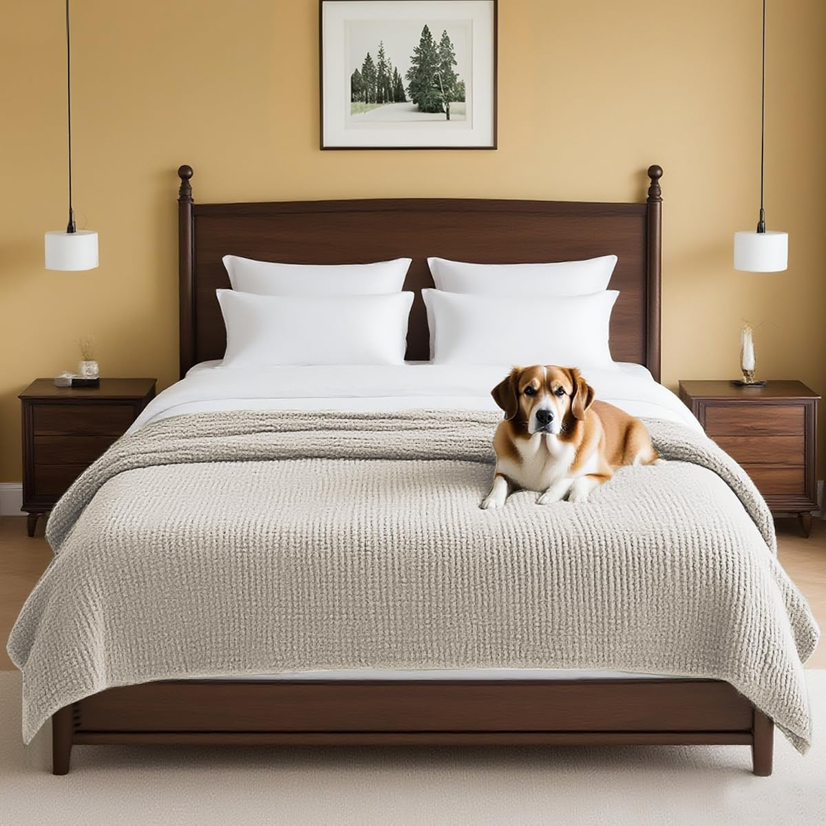 H.VERSAILTEX Plush Chenille Couch Cover for Dogs Pets Blanket for Bed Anti-Slip Soft and Durable Furniture Protector for Small Medium Large Cats Washable (52" x 82", Oatmeal)