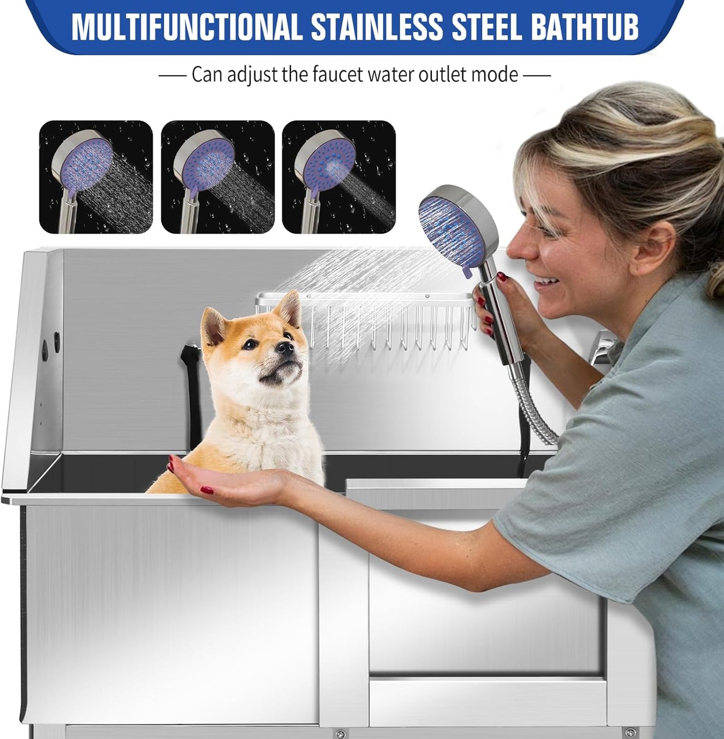 Stainless Steel Dog Washing Station, Pet Grooming Tub W/Storage Stairs, Faucet & Showerhead & Soap Holder Dog Bathtub for Large & Medium & Small Pets,34" R-RAMP