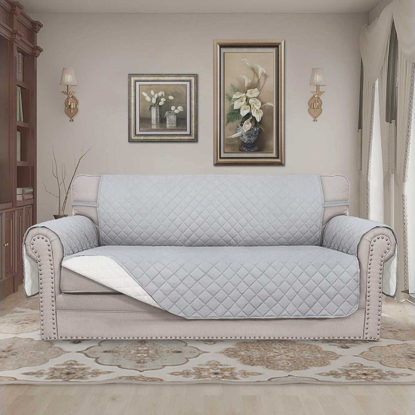 Easy-Going Sofa Slipcover Reversible Loveseat Sofa Cover Couch Cover for 2 Cushion Couch Furniture Protector with Elastic Straps for Pets Kids Dog Cat (Oversized Loveseat, Light Gray/Ivory)