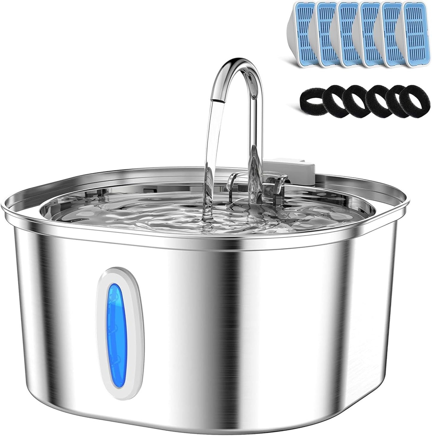 Stainless Steel Cat Water Fountain, 3.2L/108oz Cat Water Dispenser with Quiet Water Pump and Water-Level Window, Dishwasher Safe Pet Drinking Fountain for Cats with 6 Filters + 6 Sponges
