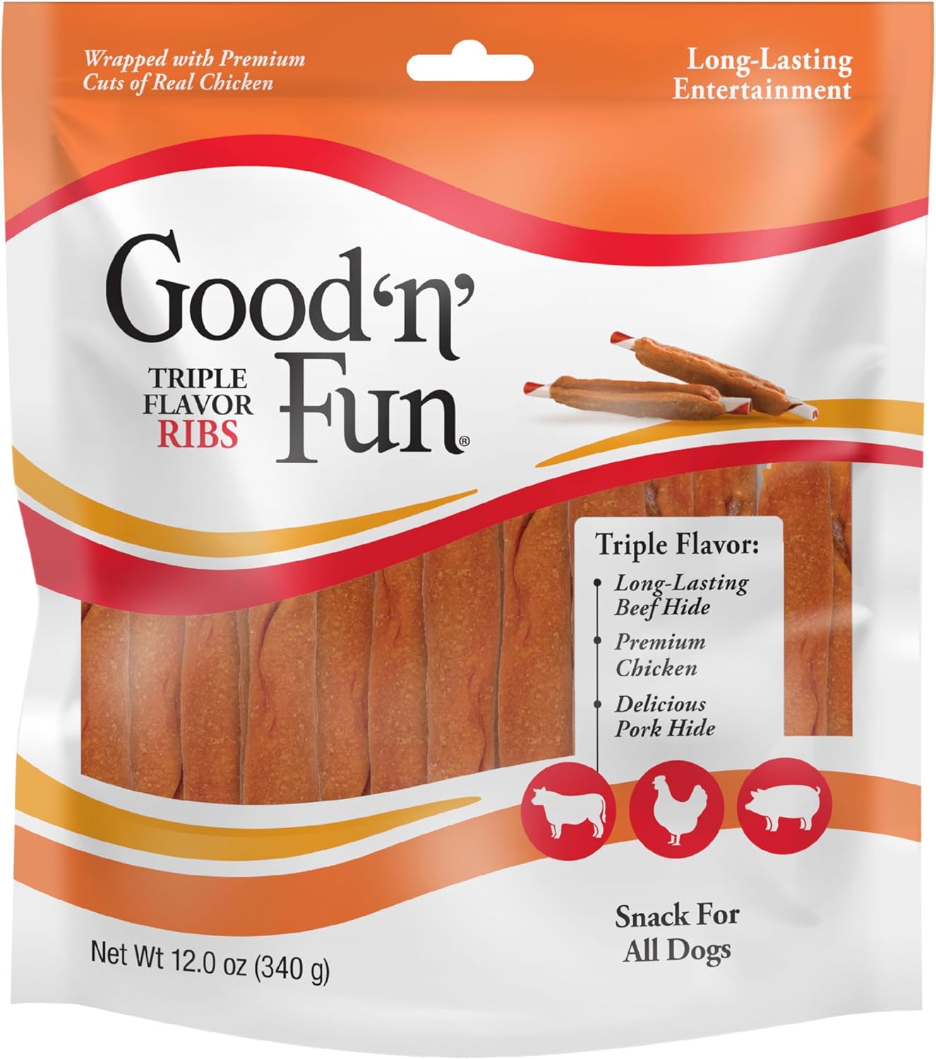 Good ‘n’ Fun Triple Flavor Ribs Chews for All Dogs, Treat Your Dog to Long-Lasting Chews Made with Beef Hide, Chicken and Pork Hide, 12 Ounces