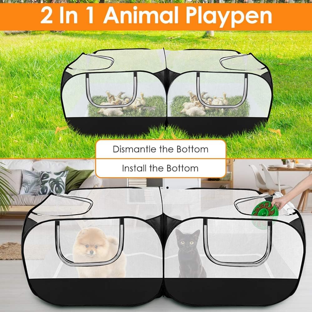 Lukovee Small Animals Playpen, Chicken Pen with Escape-Proof Detachable Bottom & 4 Zipper Doors, Breathable Foldable Portable Large Chicken Run Coop for Puppy Duck Kitten Rabbits Outdoor Yard (Black)