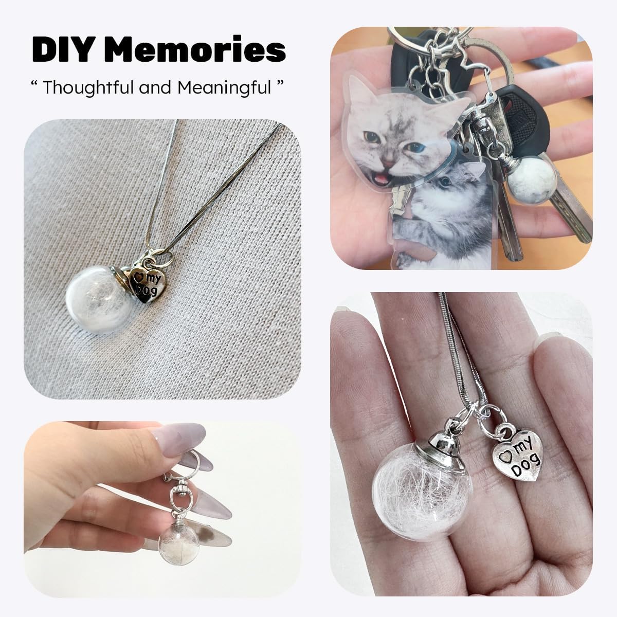 Dog Fur Memorial Necklace, Pet Hair Memorial Glass Ball Necklace with Love Pendant, Dog Ash Small Urn Jewelry (Glass Ball - Dog)
