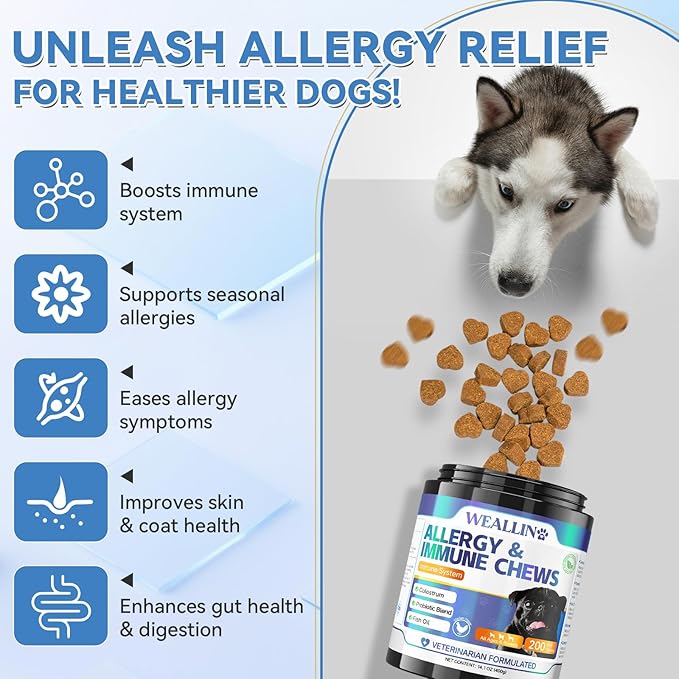 200 PCS Dog Allergy Chews, Dog Allergy Relief Chews with Probiotic Anti-Itch for Dogs - Omega 3 Fish Oil - Itching Skin Relief, Immune & Skin & Coat Support, Hot Spots, Paw Licking and Sensitivities