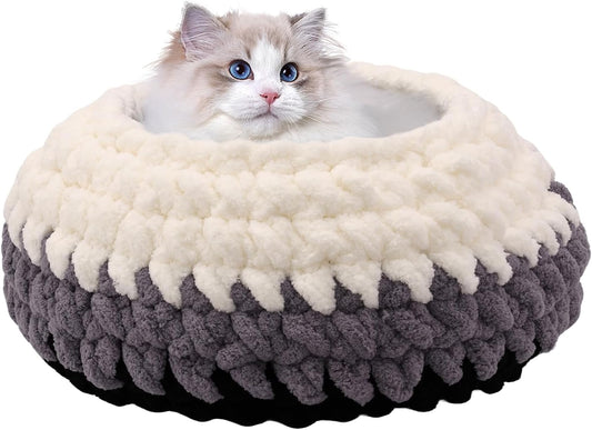 Ombre Gradient Round Cat Bed for Indoor Cats, Chunky Knit Washable & Plush Pet Bed, Cozy Nest with Non-Slip Bottom for Small Medium Cats