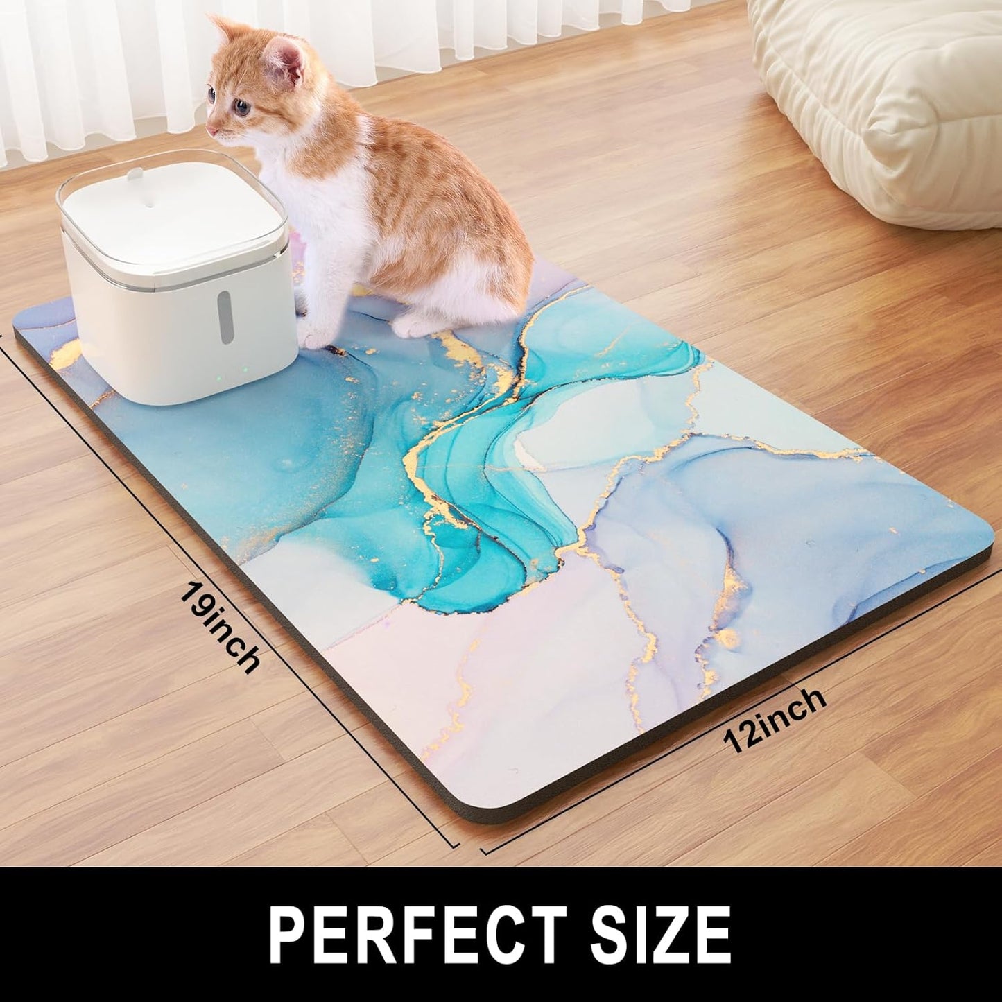 Dog Food Mat, 12" x 19" Marble Absorbent Dog Cat Bowl Mat for Food and Water, Cute Anti-Slip Rubber Pet Feeding Rug Protect Floors, Placemat for Feeding & Watering Supplies, Blue