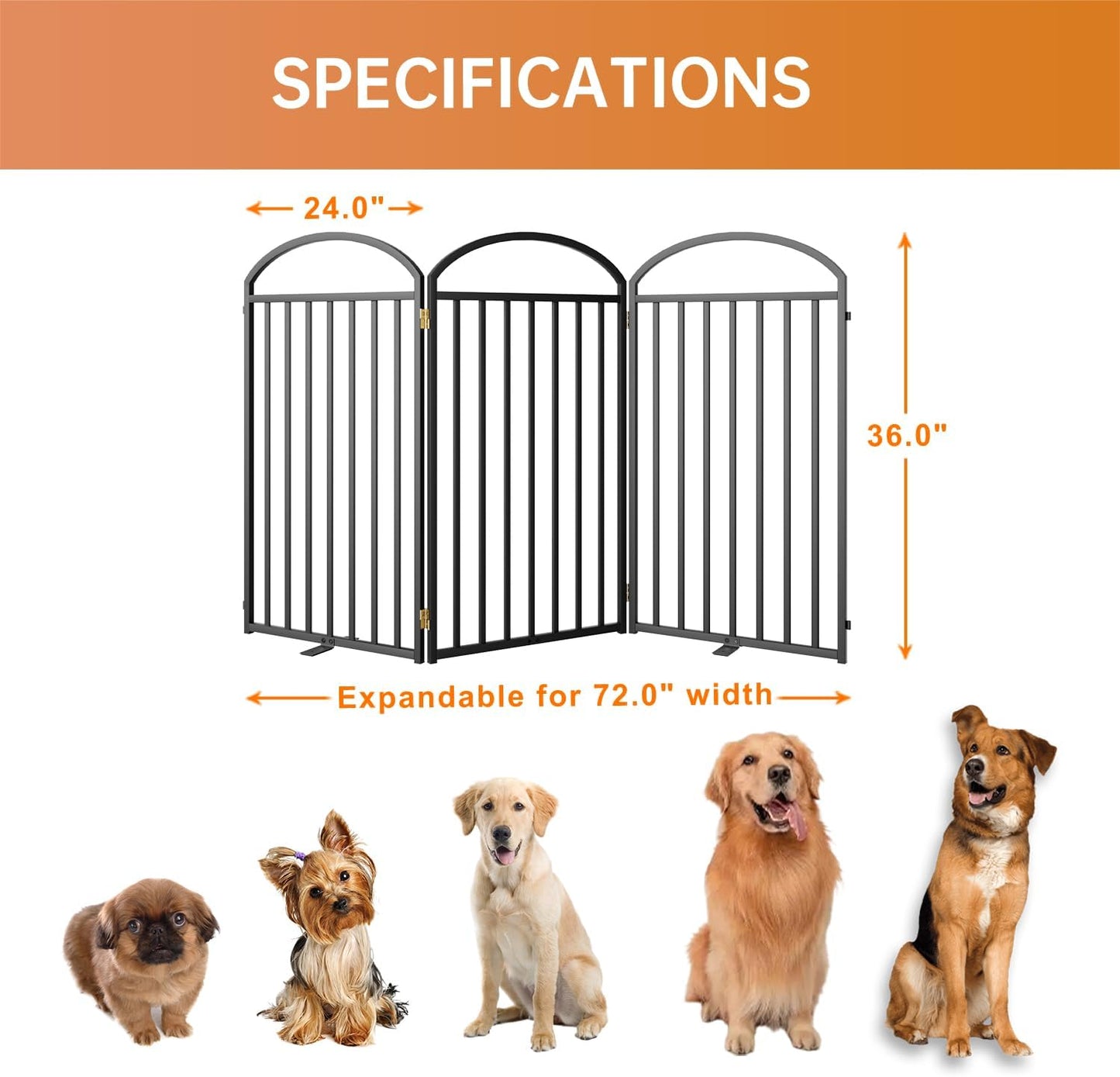 3 Panles Full Matel Freestanding Dog Gates with Door, 72"Extra Wide 36"Tall Free Standing Dog Pet Gate for Indoor & Outdoor. Foldable Pet Fences for Doorways, House, Stairs, Porch, Deck, Yard