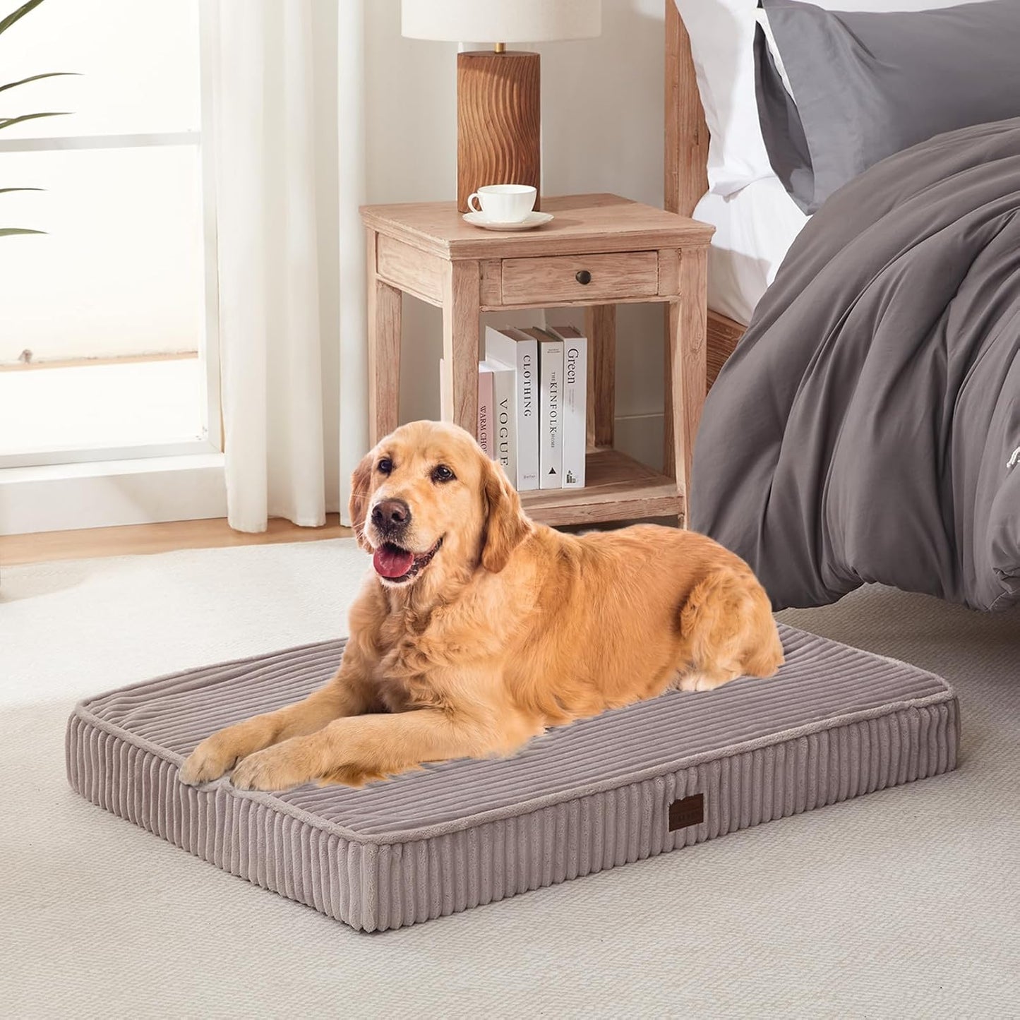 Orthopedic Dog Bed for Extra Large Dogs, Soft Plush Washable with Egg Crate Foam, Waterproof with Removable Washable Cover & Anti-Slip Bottom, Comfy Striped Dog Crate Bed, 46x30 Inch, Gray