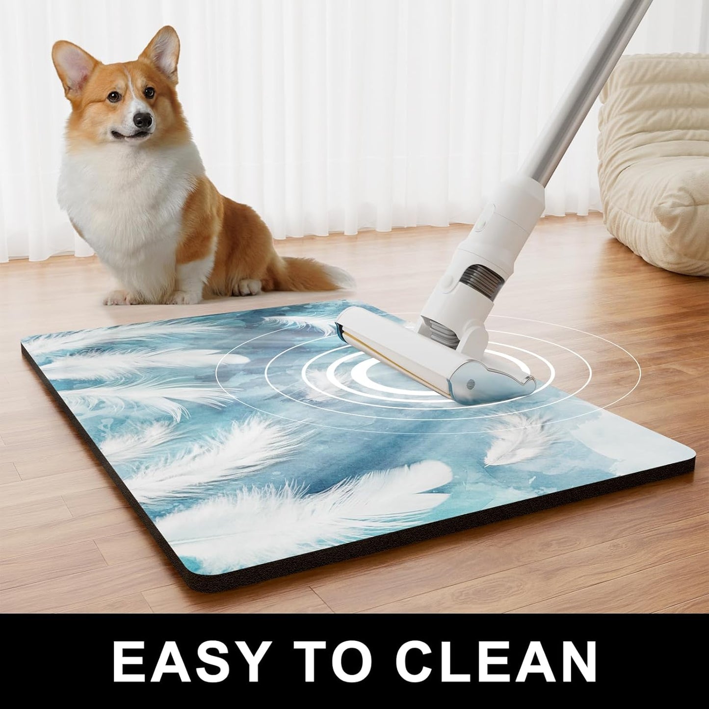 Dog Food Mat, 16" x 24" Absorbent Dog Cat Bowl Mat for Food and Water, Cute Anti-Slip Rubber Pet Feeding Rug Protect Floors, Washable Placemat for Feeding & Watering Supplies, Feather