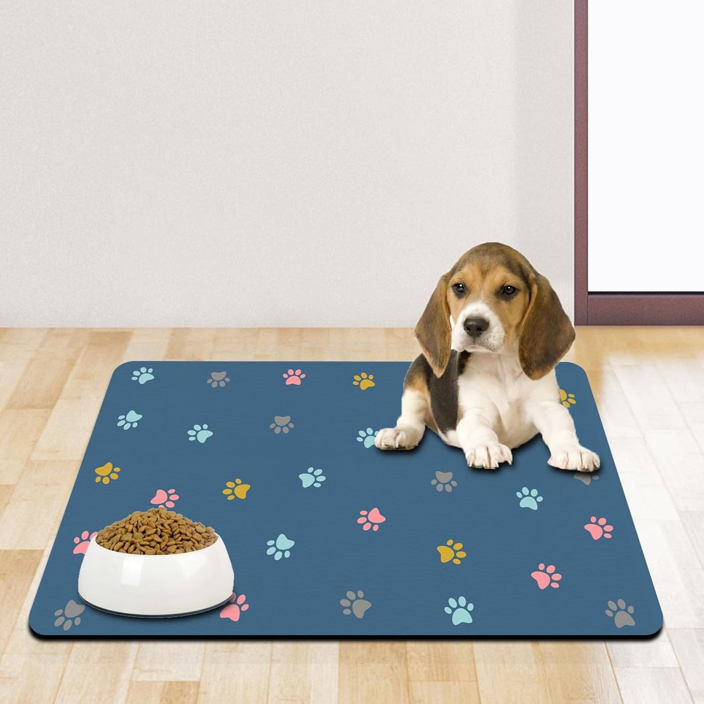 Cat Food Mat Absorbent Dog Mat for Food and Water Non Slip Quick Dry Dog Bowl Mats for Floors 24" X 16" Paw Lake Blue
