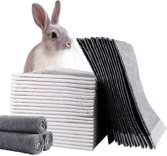 PINVNBY Rabbit Pee Pads 23.62"x17.72" Disposable Cat Cage Liners Black Carbon Super Absorbent Odor-Control,Bunny Potty Training Pad with Quick-Dry Surface for Puppy Kitten Hamsters Dog(50 Pieces)