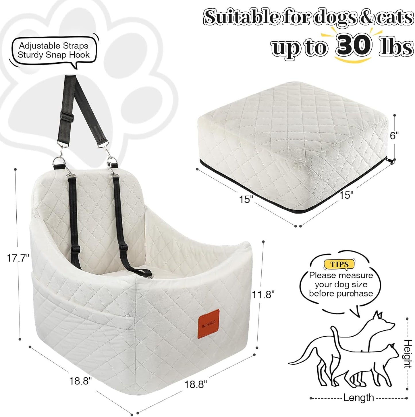 Dog Car Seat for Dogs up to 35lbs, Small Medium Dog Booster Seat with Adjustable Straps and Anti Slip Bottom,Fully Detachable Washable Pet Car Seat with 2 Storage Pockets (Beige, Medium)