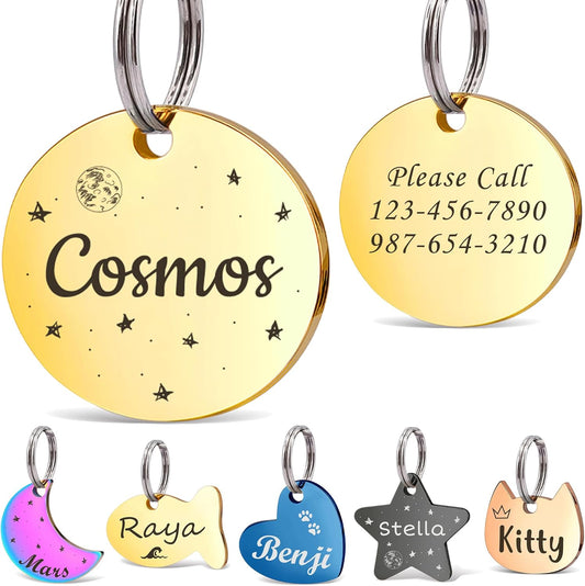 Anavia Small Size Dog Cat ID Tags, Small/XS Personalized Color Plated Stainless Steel Puppy Kitten Name Tags, Customized Engraved Nameplate Pet Collar Tag (Gold, Round)