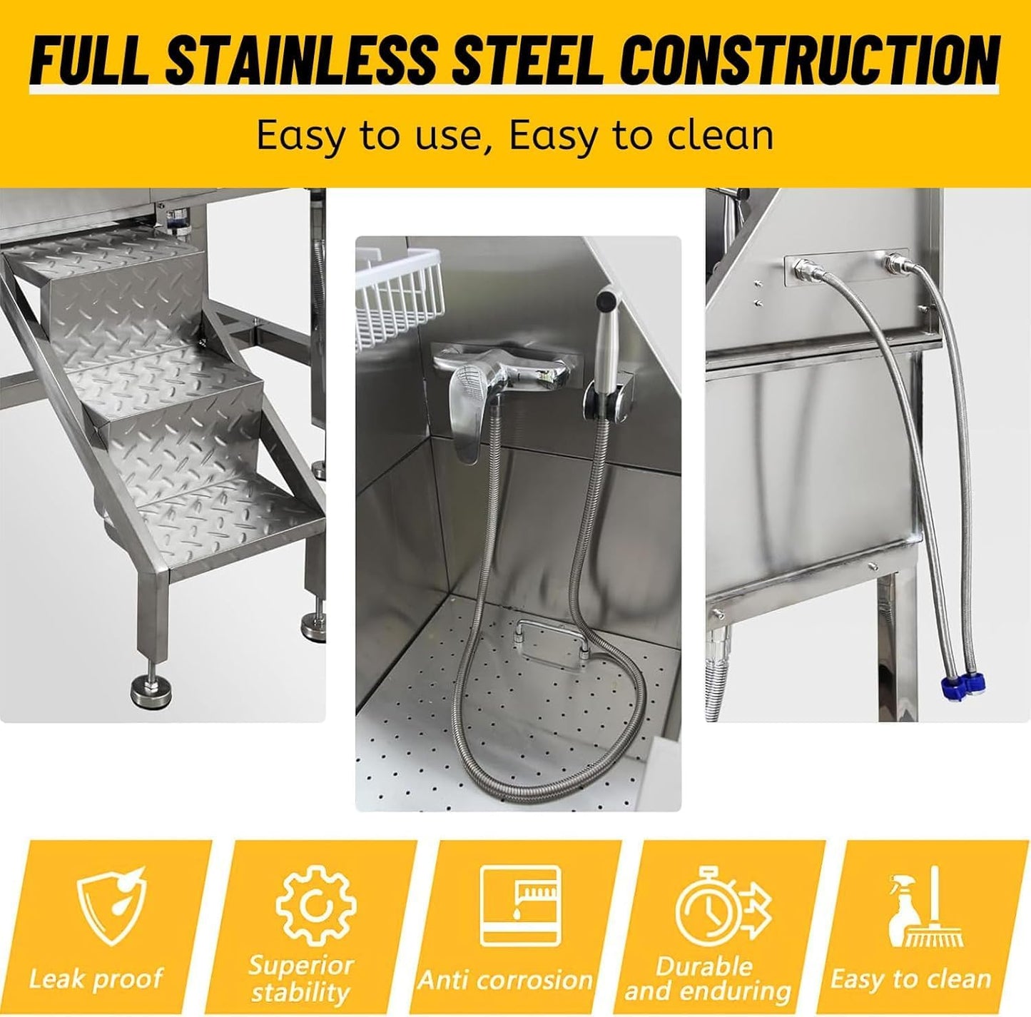 38" Pet Dog Bathing Station w/Ramp, Professional Stainless Steel Dog Grooming Tub w/Storage Drawer, Floor Grate, Faucet, Dog Bathtub for Large,Medium,Small Pets, Washing Sink for Home