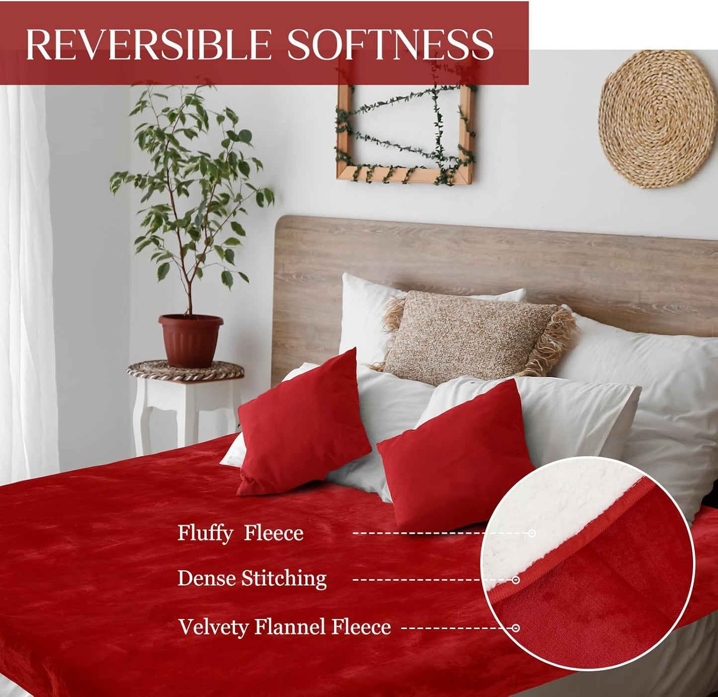 Love Red Waterproof Bed Blanket, Queen Size 80'' x 80'' Double Side Leakproof Reversible Sherpa Flannel Fleece 3 Layer Lightweight Blanket, Absorbs 70oz