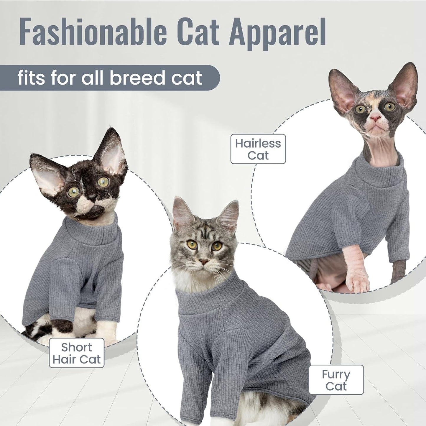 DENTRUN Sphynx Hairless Cats Shirt Pullover Kitten T-Shirts, Breathable Cat Wear Turtleneck Sweater Adorable Cat's Clothes Vest Pajamas Jumpsuit