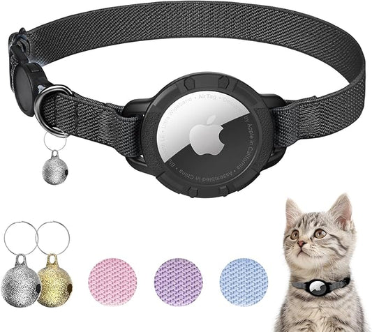 AirTag Cat Collars, Stretchy Collar with Apple AirTag Holder and Bell, Breakaway Ultra Design Elastic GPS Tracking Collars for Cats and Puppies, (7.5-12.5 Inch), Black