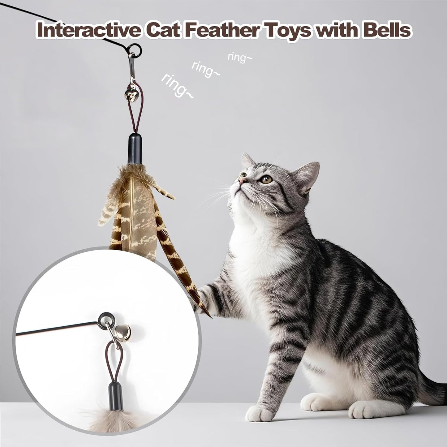 Kingtree Cat Teaser Toys, 8 Pack Feather Wand Cat Toys with 6Pcs Replacement Feathers Insects & 2Pcs Flexible Steel Wire Teaser Wands, Interactive Pet Feather Toys with Bells for Play Chase Exercise