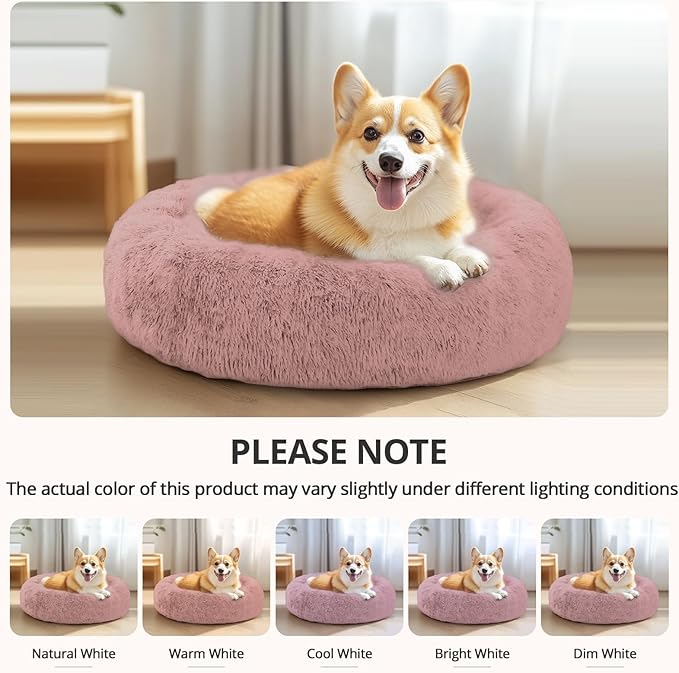JOLLYVOGUE Calming Dog & Cat Bed for Small Dogs, Anti-Anxiety Donut Cuddler Cozy Soft Round Bed with Anti-Slip Bottom, Fluffy Faux Fur Plush Cushion Beds for Small Medium Dogs (27")