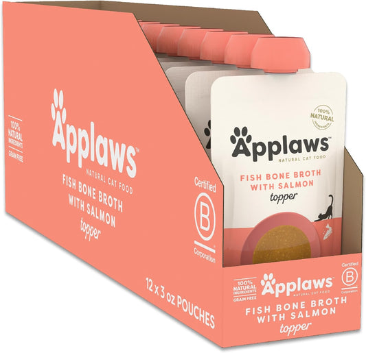 Applaws Natural Wet Cat Food in Topper, Limited and Natural Ingredients, High Protein with No Artificial Additives, Fish Bone Broth with Salmon (12 x 3oz Resealable Spout Pouches)