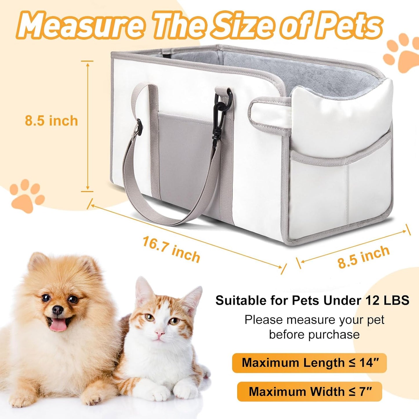 Portable Dog Car Seat for Small Dogs - Pet Booster Seat with Safety Leash, Adjustable Straps, Washable Cushion & Storage Pocket - Center Console Puppy Car Seat for Travel - Beige