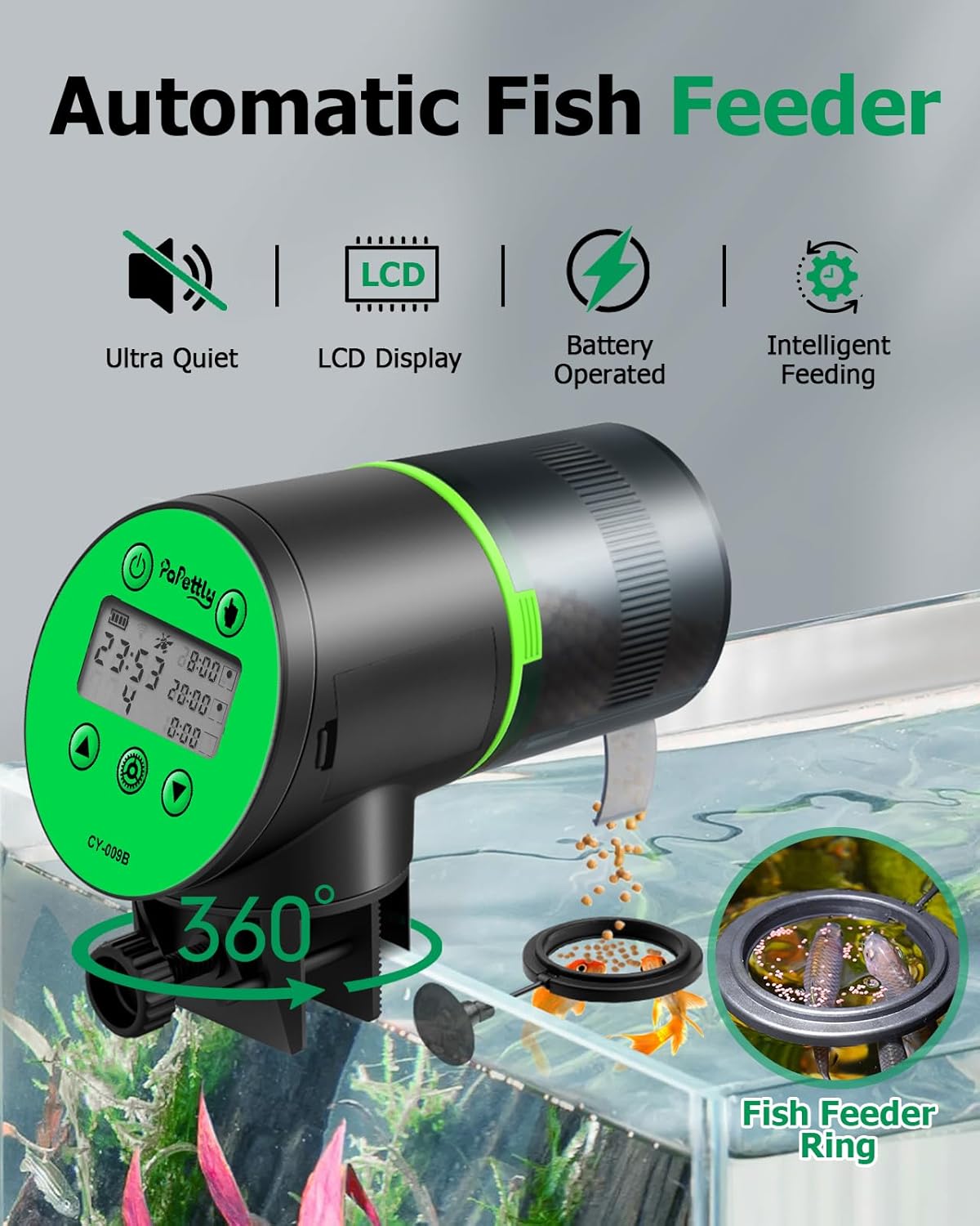 Automatic Fish Feeder for Aquarium, Auto Fish Food Dispenser with Timer and Feeding Ring, Moisture-Proof, Smart Fish Tank Vacation Feeder with 2 AAA Batteries