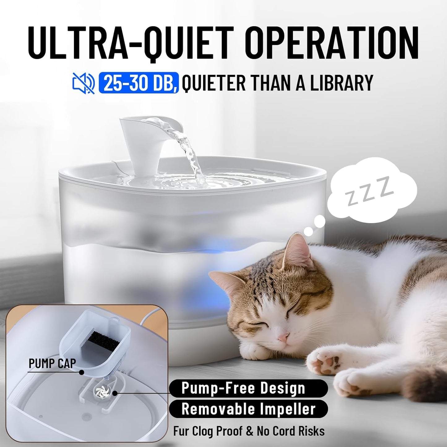 Veken Cat Water Fountain with Detachable Tank, Easy to Clean & Assemble, 84oz/2.5L Automatic Pet Drinking Dispenser with Quiet Operation & LED Light for Cats, Dogs and Small Pets, White