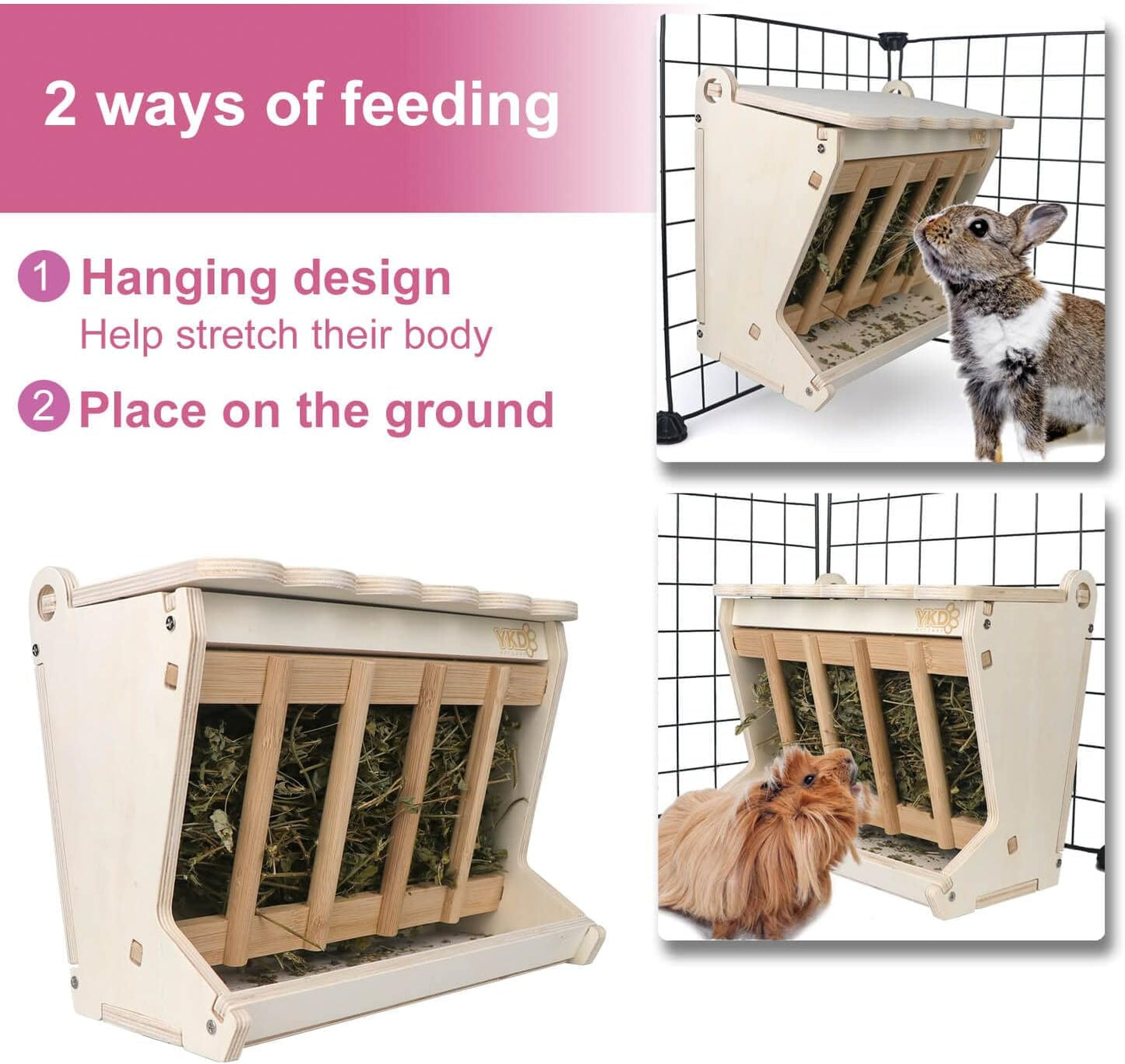 Pet Wooden Hay Feeder for Rabbits, Guinea Pigs, and Chinchillas - Alfalfa Timothy Dispenser, Less Wasted Small Animals Manger (Hanging Large)