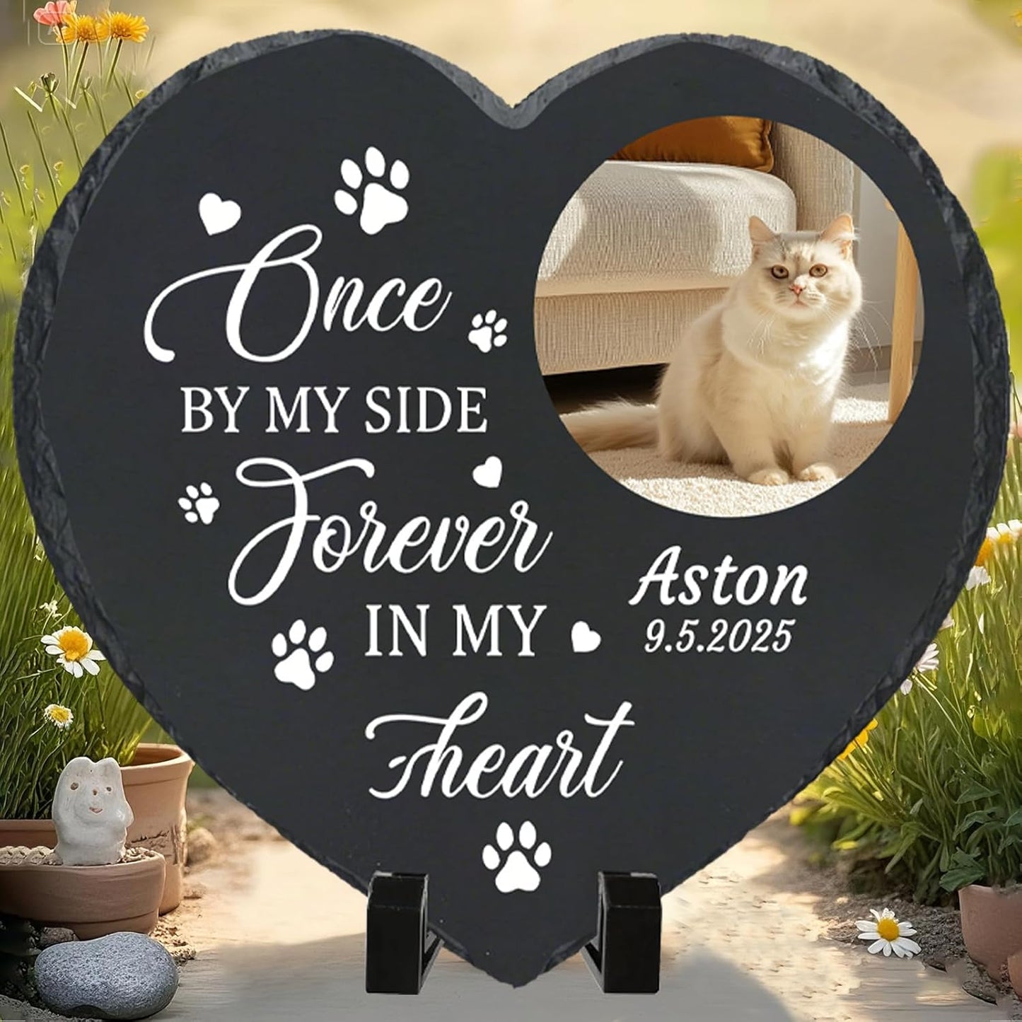 Personalized Pet Memorial Stone - Heart-Shaped Custom Cat Grave Marker with Engraved Name & Photo - Pest Grave Stone for Remembrance Dog/Cat Passing Away Sympathy Gifts (Style C)
